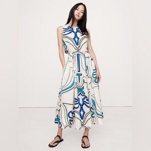 Cotton Poplin Cut-Out Midi Dress Size Small In Blue & White Tile Print By BR NWT